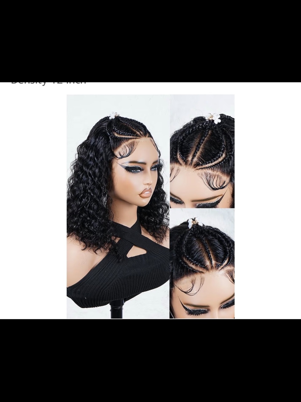 Black Curly Bob Lace Front Wig with Cornrow Detail - Black